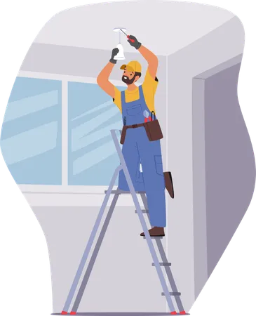 Professional Electrician Worker Installs Ceiling Lamp At Home  Illustration