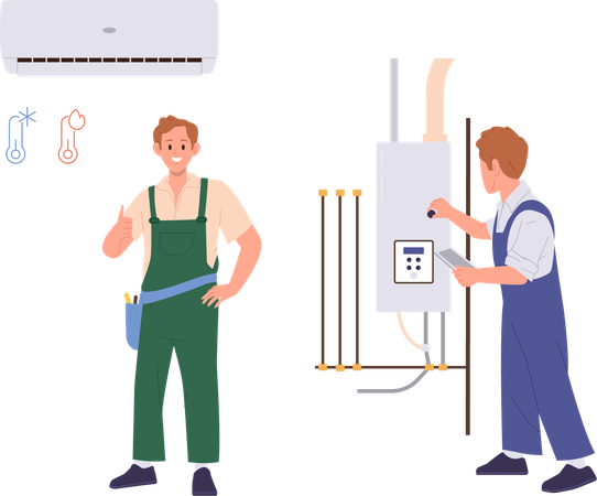 Professional engineer repairing boiler and checking air conditioner  Illustration