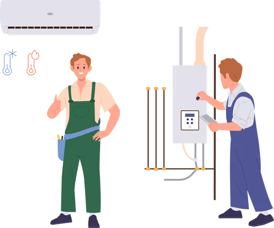 Professional Plumber And Engineer Cartoon Character Repairing Boiler Fixing Problem Checking Air Conditioner For Correct Work Vector Illustration Expert Providing Professional Maintenance Service Illustration