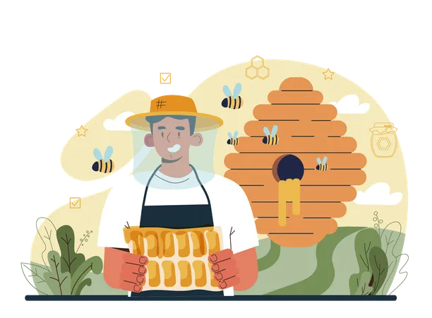 Hiver Or Beekeeper Concept Professional Farmer Gathering Honey Countryside Organic Product Apiary Worker Beekeeping And Honey Exctraction Vector Illustration Illustration