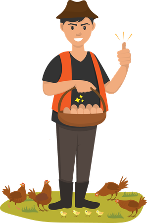 Professional farmer holding basket of fresh eggs in an environmentally friendly chicken farm  Illustration