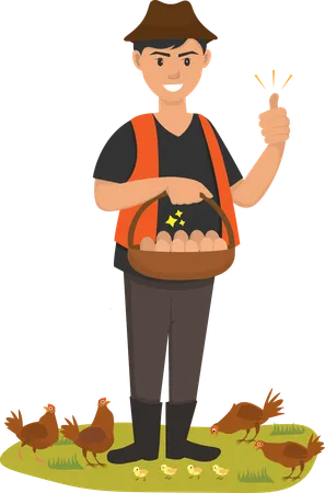 Professional farmer holding basket of fresh eggs in an environmentally friendly chicken farm  Illustration