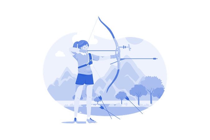 Professional female archer shooting using bow  Illustration