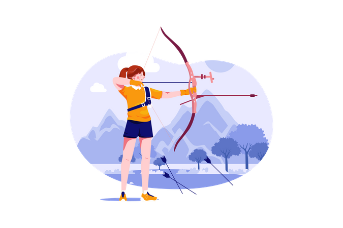 Professional female archer shooting using bow  Illustration