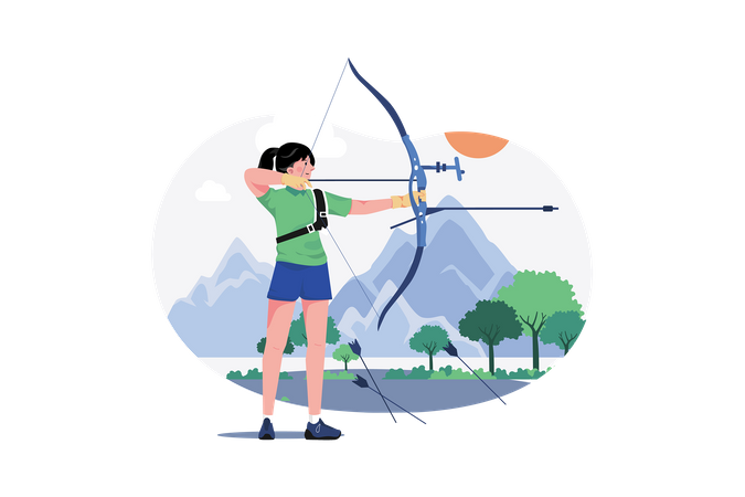 Professional female archer shooting using bow  Illustration