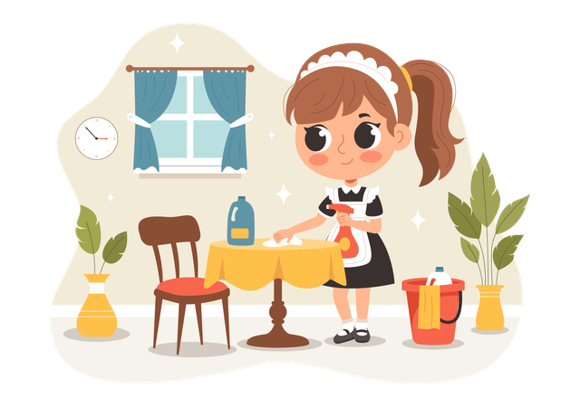 Professional Female Maid cleaning table using spray  Illustration