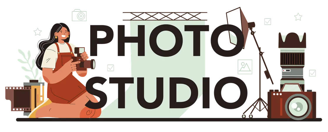 Photo Studio Typographic Header Professional Photographer With Camera Taking And Editing Pictures Event Photography Isolated Flat Vector Illustration Illustration