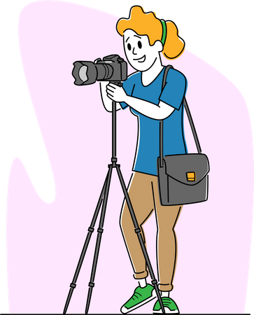 Professional Female Photographer with Photo Camera on Tripod Making Picture Illustration