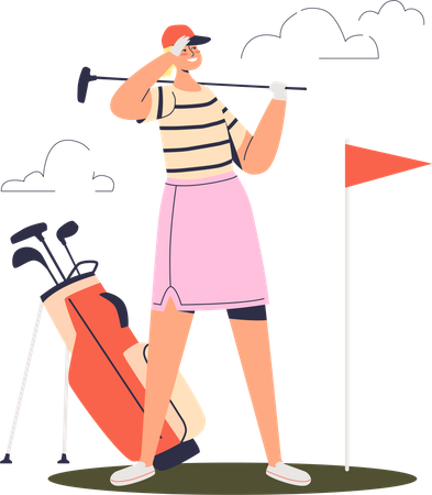 Professional female player hold golf club looking at ball hole flag at course Illustration
