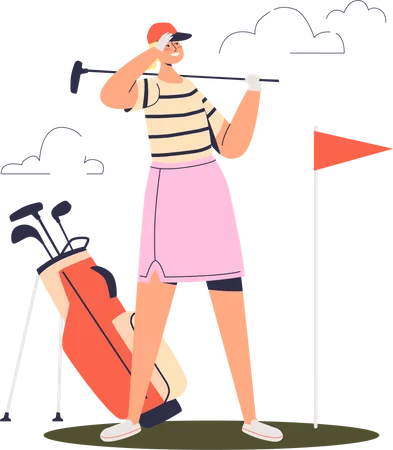 Professional female player hold golf club looking at ball hole flag at course Illustration