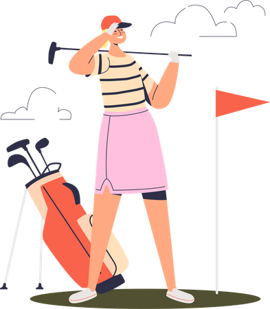 Professional female player hold golf club looking at ball hole flag at course  イラスト