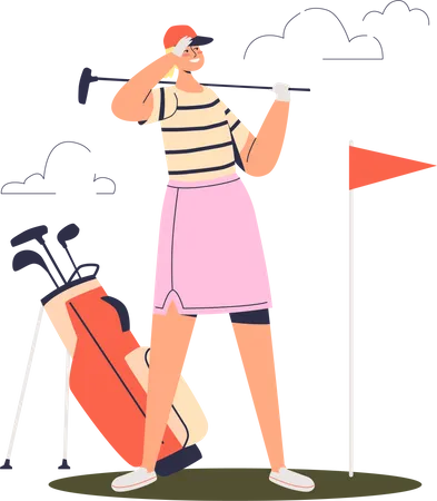 Professional female player hold golf club looking at ball hole flag at course  Illustration