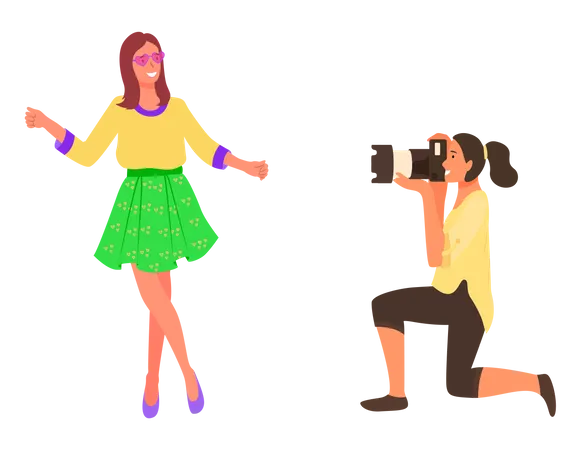 Smart Professional Female Taking Photo Of Woman Vector Illustration Hardworking Lady With Professional Equipment Working Flat Style Concept Photo For Social Media Illustration