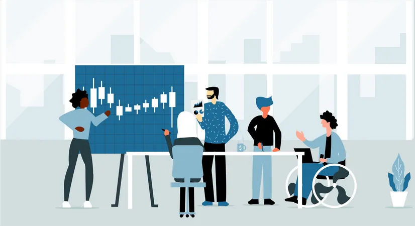 Professional Financial Advisors And Coworkers In Business Environment Working Together And Consulting About Finance And Stock Market Illustration