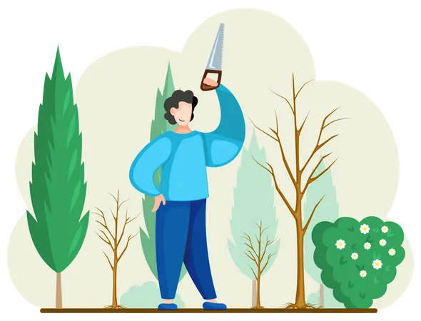 Professional garden worker working with bush  Illustration