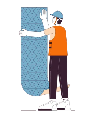 Professional Hanging Wallpaper Line Cartoon Flat Illustration Caucasian Male Wallcovering Installer 2 D Lineart Character Isolated On White Background Wall Covering Scene Vector Color Image Illustration