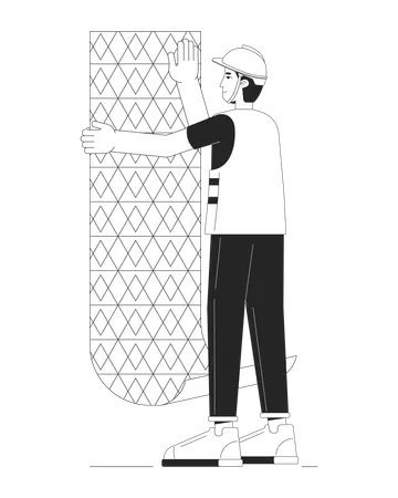 Professional Hanging Wallpaper Black And White Cartoon Flat Illustration Caucasian Male Wallcovering Installer 2 D Lineart Character Isolated Wall Covering Monochrome Scene Vector Outline Image Illustration