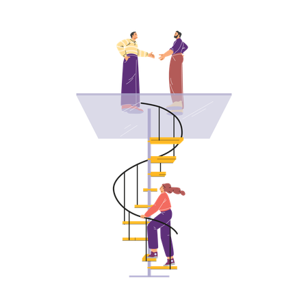 Professional inequality between successful men and a woman who climbs the career ladder  Illustration