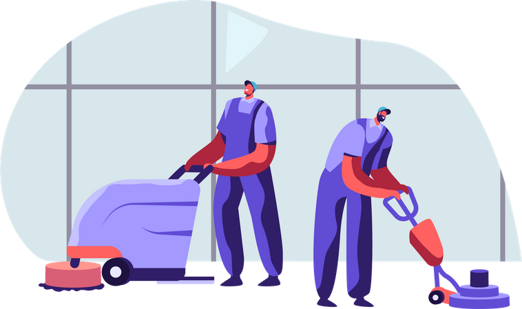 Professional Janitor Workers Vacuuming and Polishing Floor in Office  Illustration
