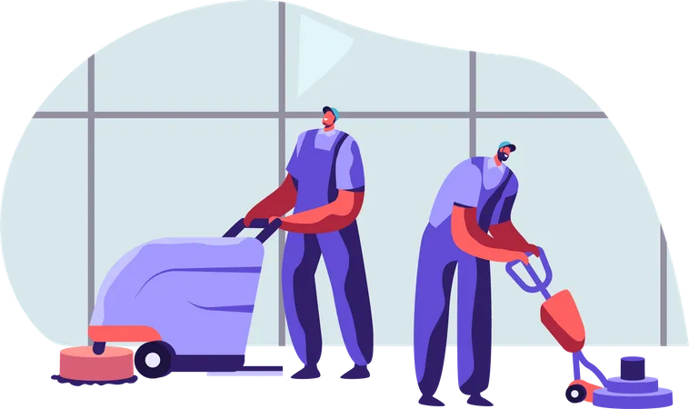Professional Janitor Workers Vacuuming and Polishing Floor in Office Illustration