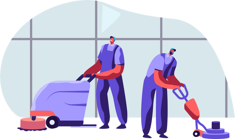 Professional Janitor Workers Vacuuming and Polishing Floor in Office  イラスト