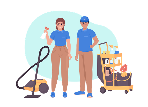 Professional janitors with cleaning equipment  Illustration