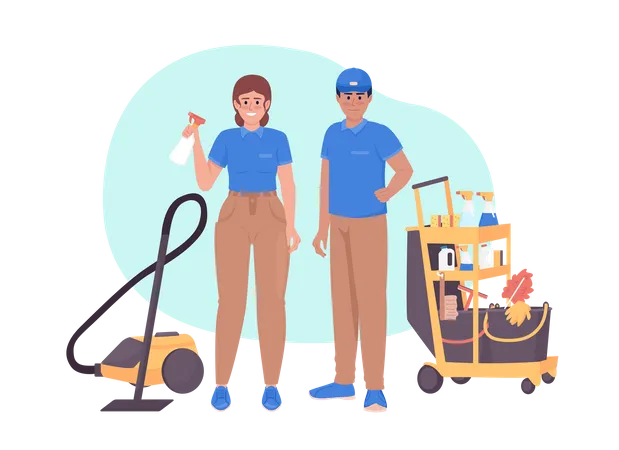 Professional janitors with cleaning equipment  Illustration