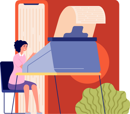 Professional journalist writing on typewriter  Illustration