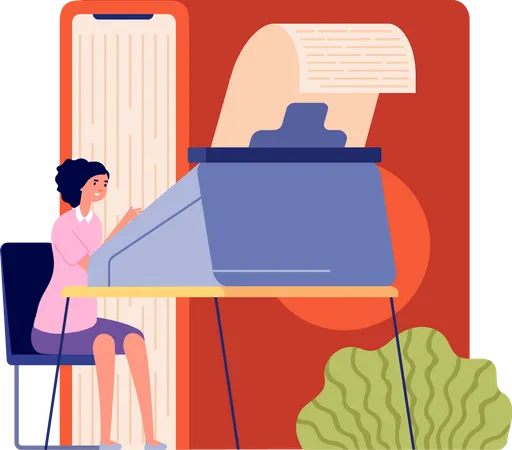 Professional journalist writing on typewriter  Illustration
