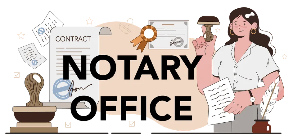 Notary Office Typographic Header Professional Lawyer Signing And Legalizing Paper Document Person Witnessing Signatures On Document Isolated Flat Vector Illustration Illustration