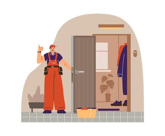 Professional locksmith demonstrates maintenance work of entrance door  Illustration