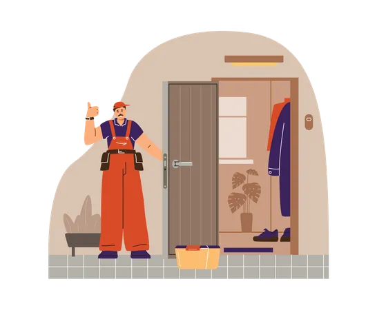 Professional locksmith demonstrates maintenance work of entrance door  Illustration