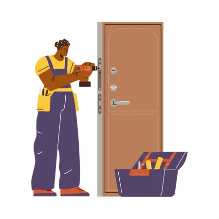 Professional locksmith who repairs door with drill  Illustration