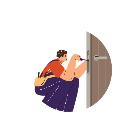 Professional locksmith who repairs door with screwdriver  Illustration