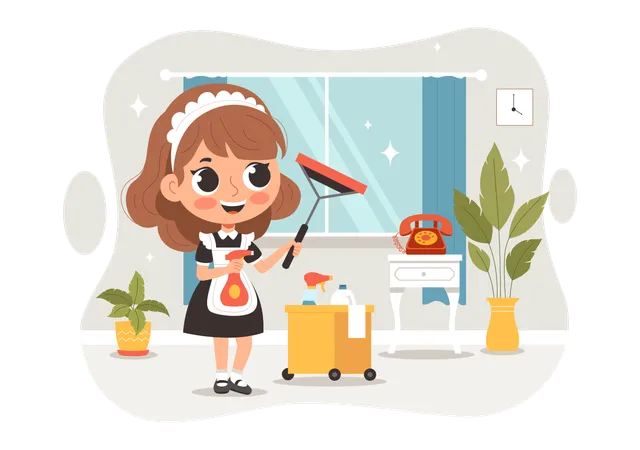 Professional Maid cleaning window  Illustration