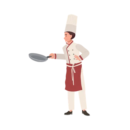Full Length Of Chef Illustration Professional Male Chef In Chef Hat Holding Pan Flat Vector Cartoon Illustration Illustration