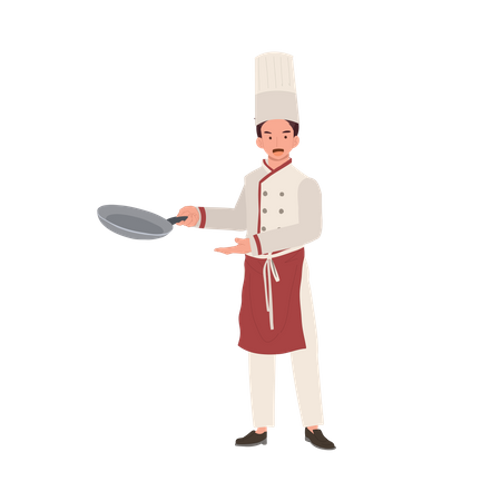 Professional Male Chef in Chef Hat Holding Pan  Illustration