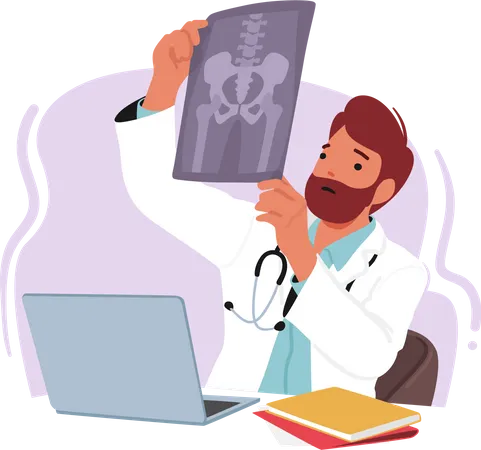 Professional Male Doctor Character Utilizing A Laptop To Analyze An X Ray Image Demonstrating Expertise And Modern Technology In Medical Diagnostics Cartoon People Vector Illustration Illustration
