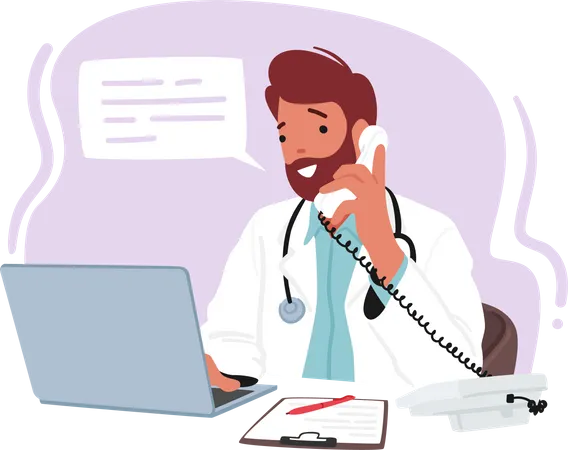 Professional Male Doctor Character Multitasking With A Laptop And Phone Efficiently Managing Patient Records And Communication Efficient Healthcare Practice Cartoon People Vector Illustration Illustration