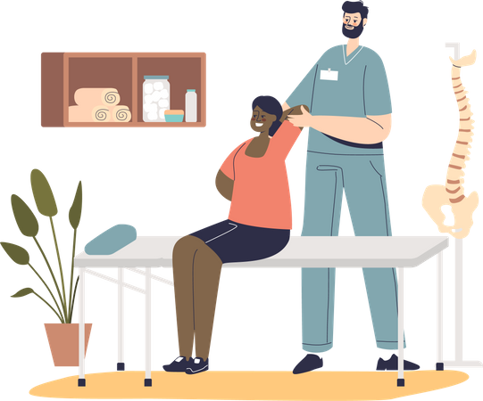 Professional male osteopath making massage to woman sitting on table.  Illustration