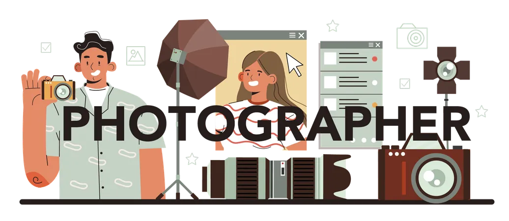 Photographer Typographic Header Professional Photographer With Camera Taking Pictures In A Studio And Editing Photo Event Photography Isolated Flat Vector Illustration Illustration