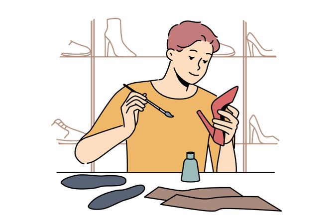 Professional male shoemaker makes wardrobe items from genuine leather and located in workshop  Illustration