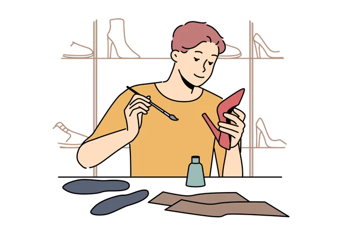 Man Shoemaker Holding Women Shoes Sitting At Table Repairing Or Making Handmade Footwear Professional Male Shoemaker Makes Wardrobe Items From Genuine Leather Located In Workshop Illustration