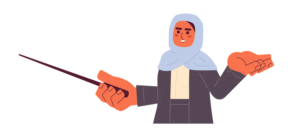 Professional Mentor Muslim Woman 2 D Cartoon Character Hijab Female Leadership Coach Isolated Vector Person White Background Arab Lady Seminar Instructor Pointer Stick Color Flat Spot Illustration 일러스트레이션