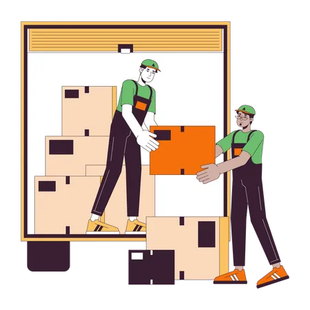 Professional Movers Line Cartoon Flat Illustration Multicultural Male Shippers Loading Moving Truck 2 D Lineart Characters Isolated On White Background Carrying Box Scene Vector Color Image Illustration