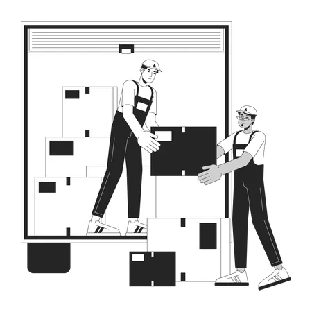 Professional Movers Black And White Cartoon Flat Illustration Multicultural Male Shippers Loading Moving Truck 2 D Lineart Characters Isolated Carrying Box Monochrome Scene Vector Outline Image Illustration