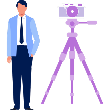 Professional photographer  standing by  tripod stand  Illustration