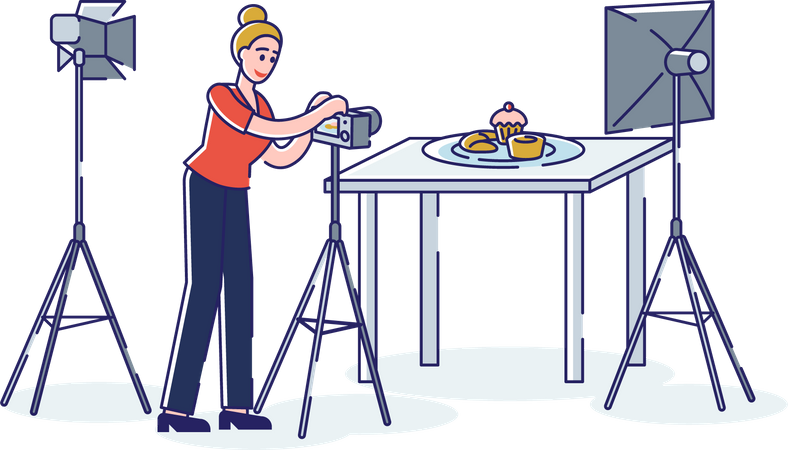 Professional photographer taking photo of food with professional camera and light in studio  Illustration