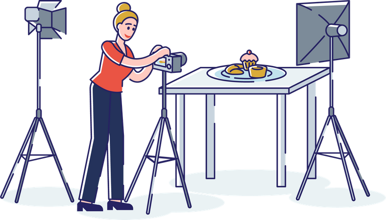 Professional photographer taking photo of food with professional camera and light in studio Illustration