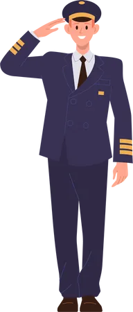Professional Pilot Commander Airliner Staff People With Salute Gesture In Uniform Standing Isolated On White Background Vector Illustration Of Aircraft Plane Crew Cartoon Character Passenger Service イラスト